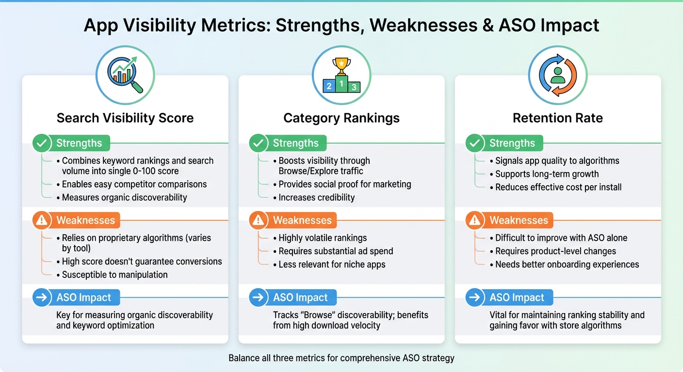 App Visibility Metrics Comparison: Search Visibility, Category Rankings, and Retention Rate