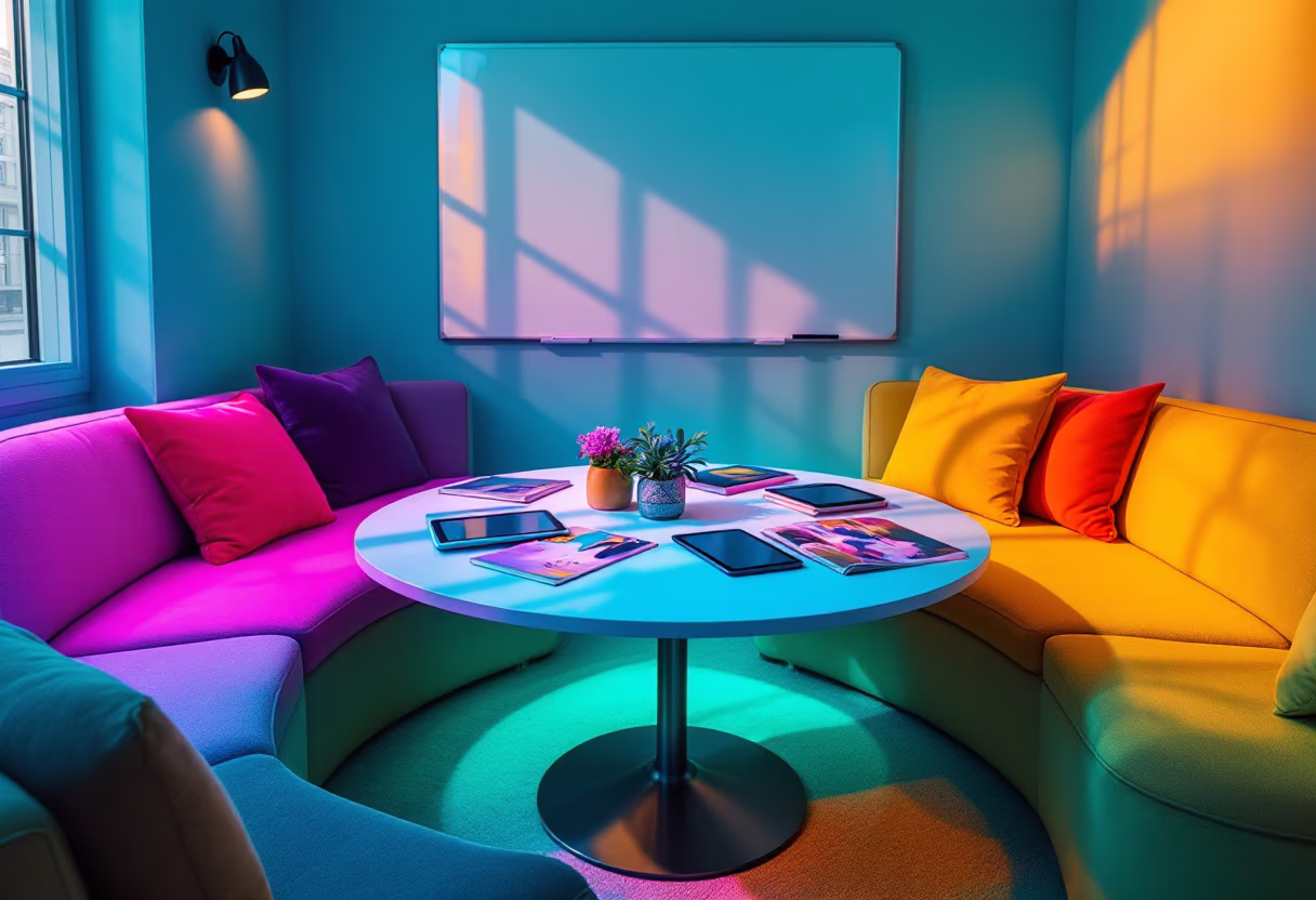a mid-range photograph of a vibrant communication company’s brainstorming area.