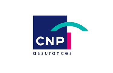 Logo CNP Assurances avec texte sur fond bleu, rouge et arc turquoise.