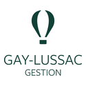 Logo GAY-LUSSAC GESTION avec symbole vertical abstrait vert foncé.