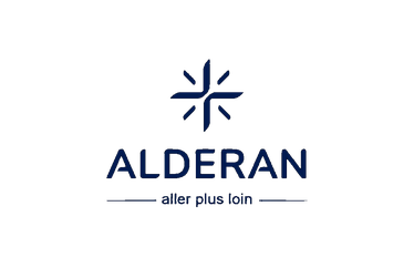 Logo ALDERAN with star-shaped symbol and slogan 'aller plus loin' in French.