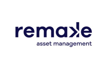 Remake asset management logo with stylized letter K in dark blue text on white background.