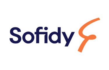 Logo Sofidy avec texte en bleu et forme stylisée orange.