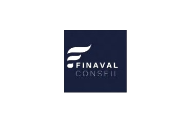 Logo Finaval Conseil avec un symbole stylisé blanc sur fond bleu marine.