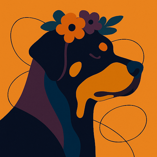 a rottweiler with flowers on it's head