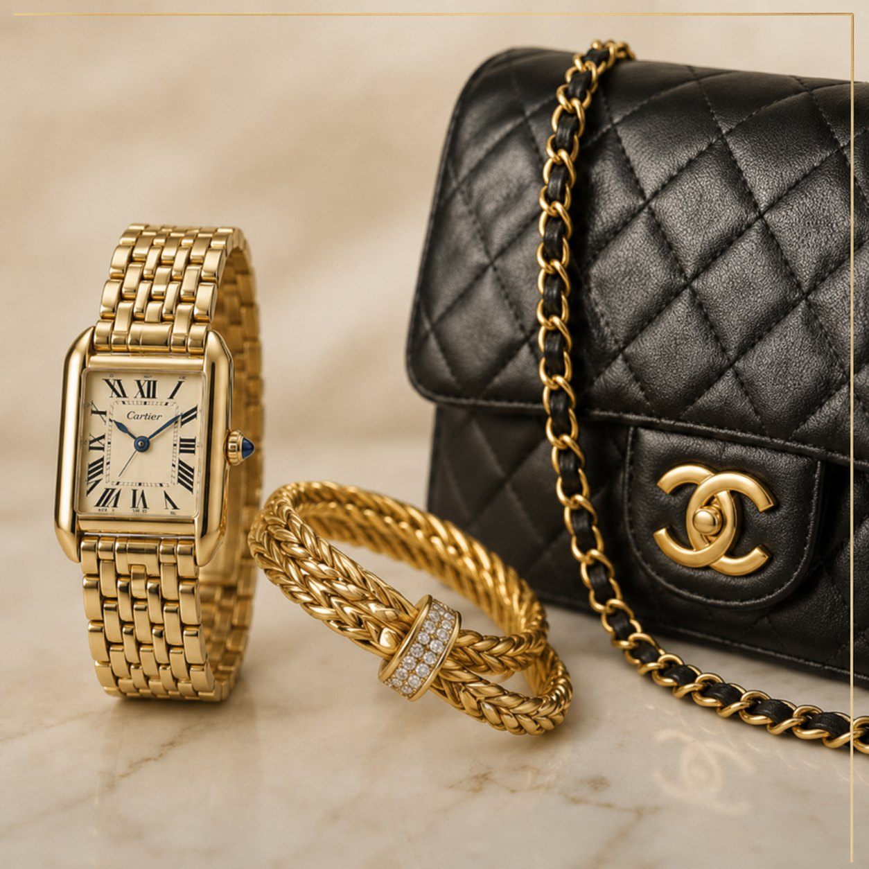 Curated vintage luxury pieces: gold watch, woven gold bracelet, and quilted designer handbag on marble