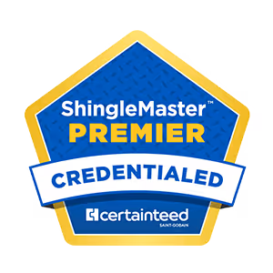 ShingleMaster Premier Credentialed badge with CertainTeed logo.