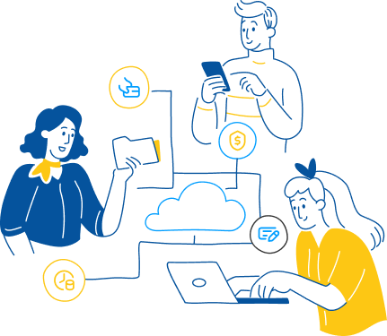 Illustration of three people connected through a cloud network using a laptop, smartphone, and tablet with currency and payment icons.