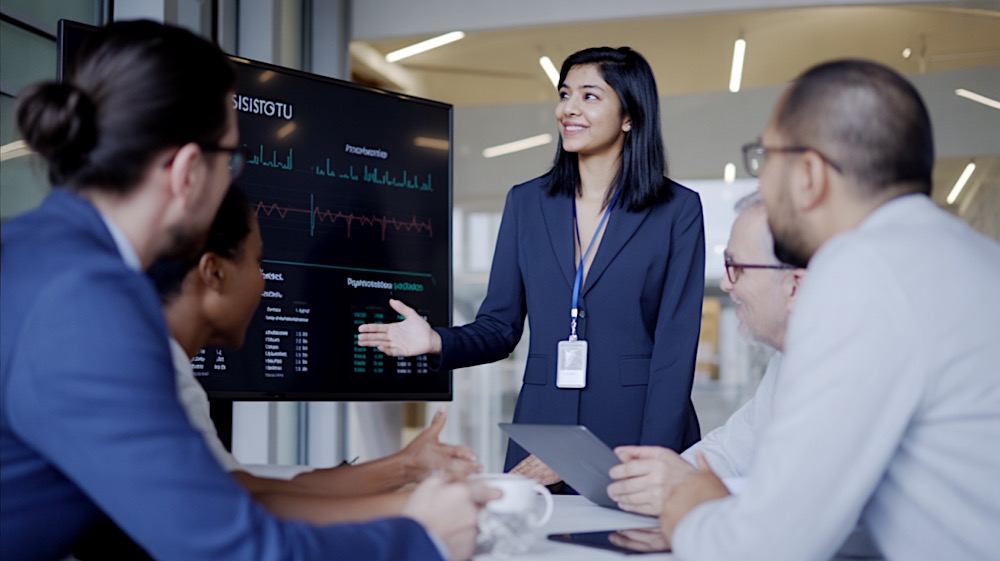 Businesswoman presenting data on a screen to a group of colleagues in a modern office meeting.