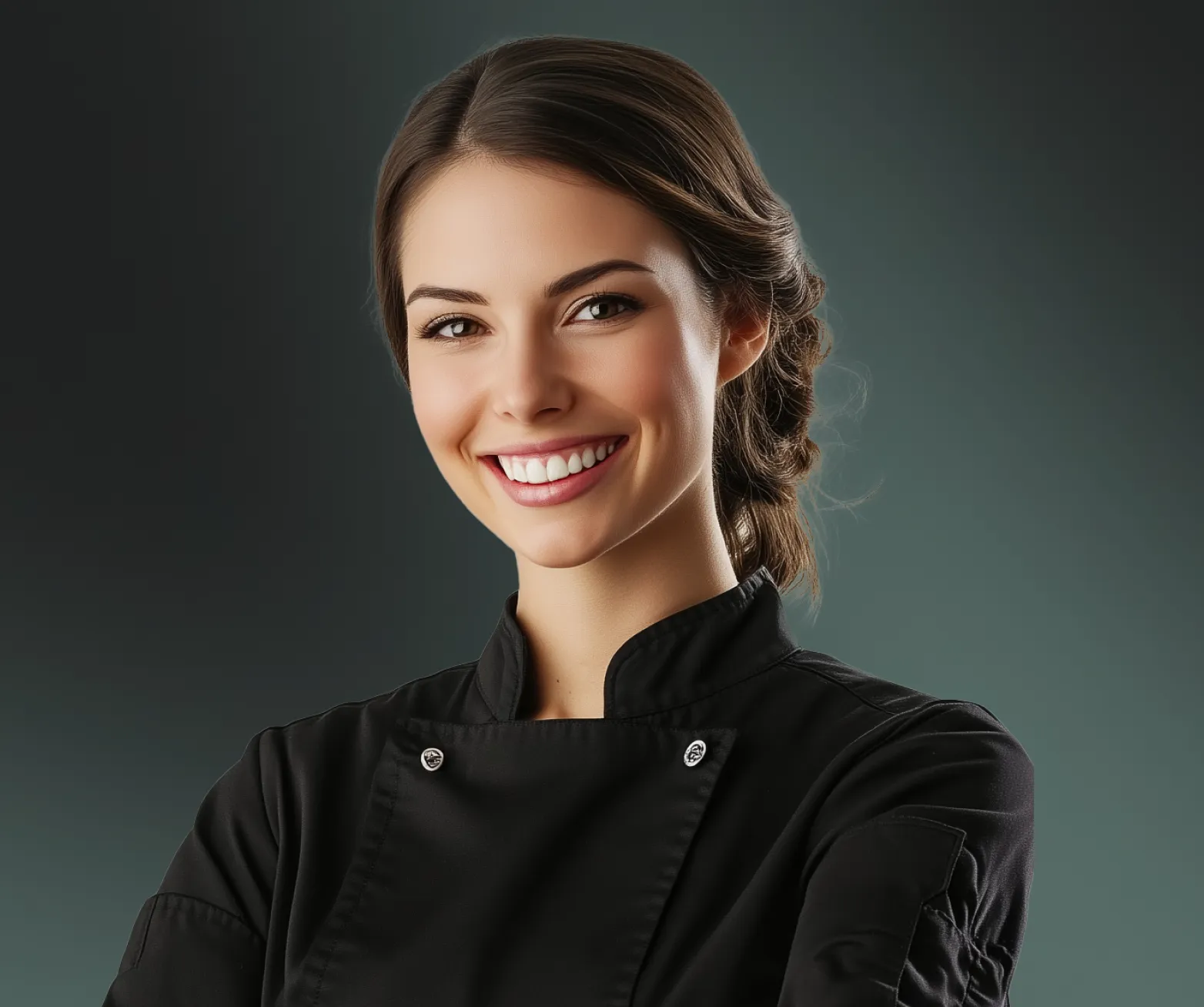 Smiling female chef in a black uniform with folded arms, standing against a dark teal gradient background.