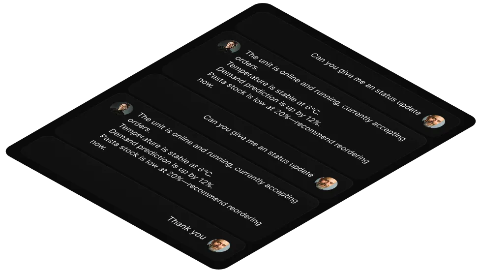 ilted chat interface showing a conversation between a user and an AI assistant providing a unit status update, including temperature, demand prediction, and pasta stock level.