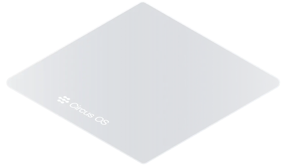 Minimalist icon for Circus OS displayed on a soft gray diamond-shaped background, representing the proprietary operating system used in CIRCUS Group robotic kitchen systems.