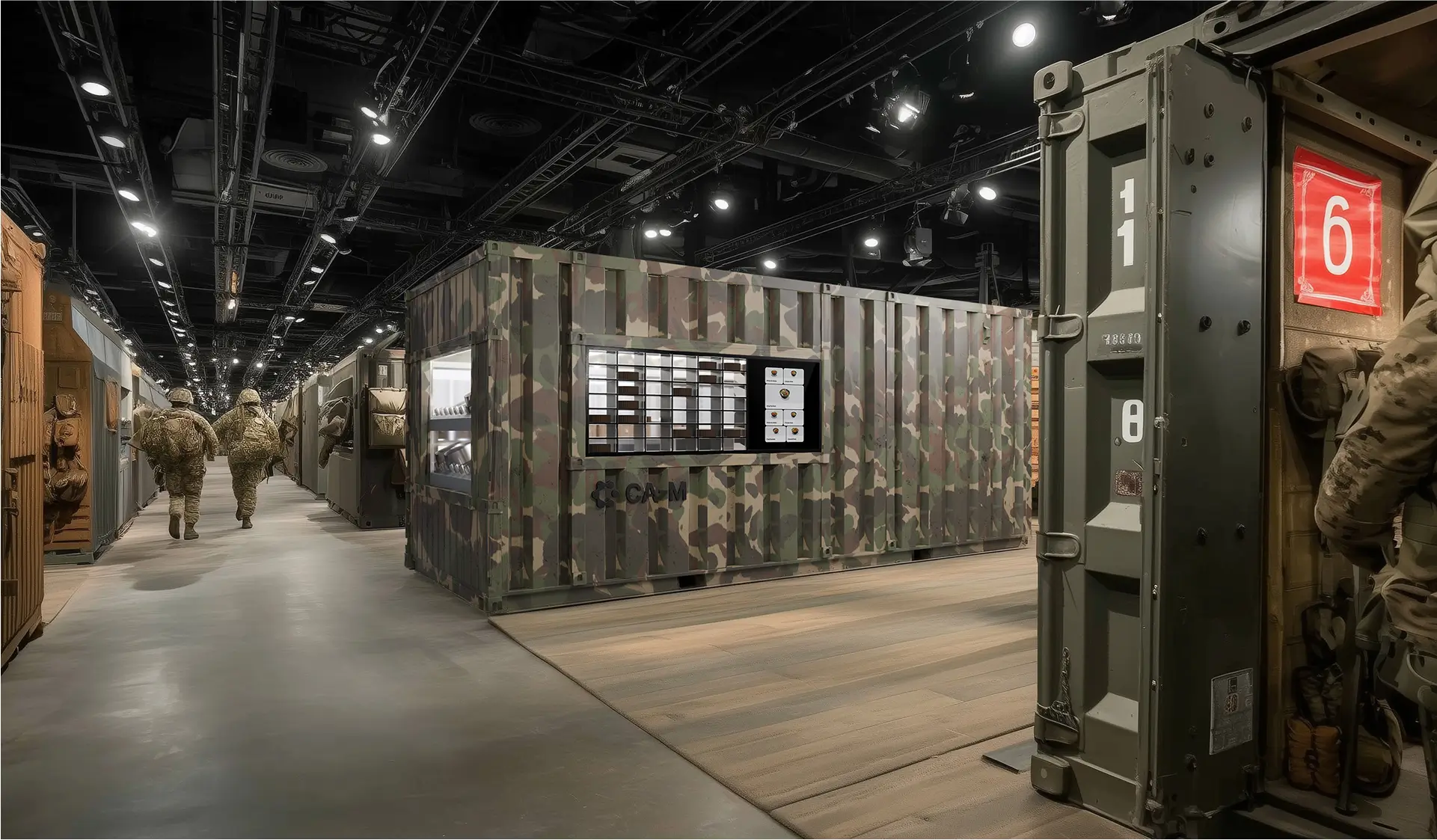 CA-M modular container kitchen with camouflage exterior installed in a military deployment area, surrounded by soldiers and tactical equipment.