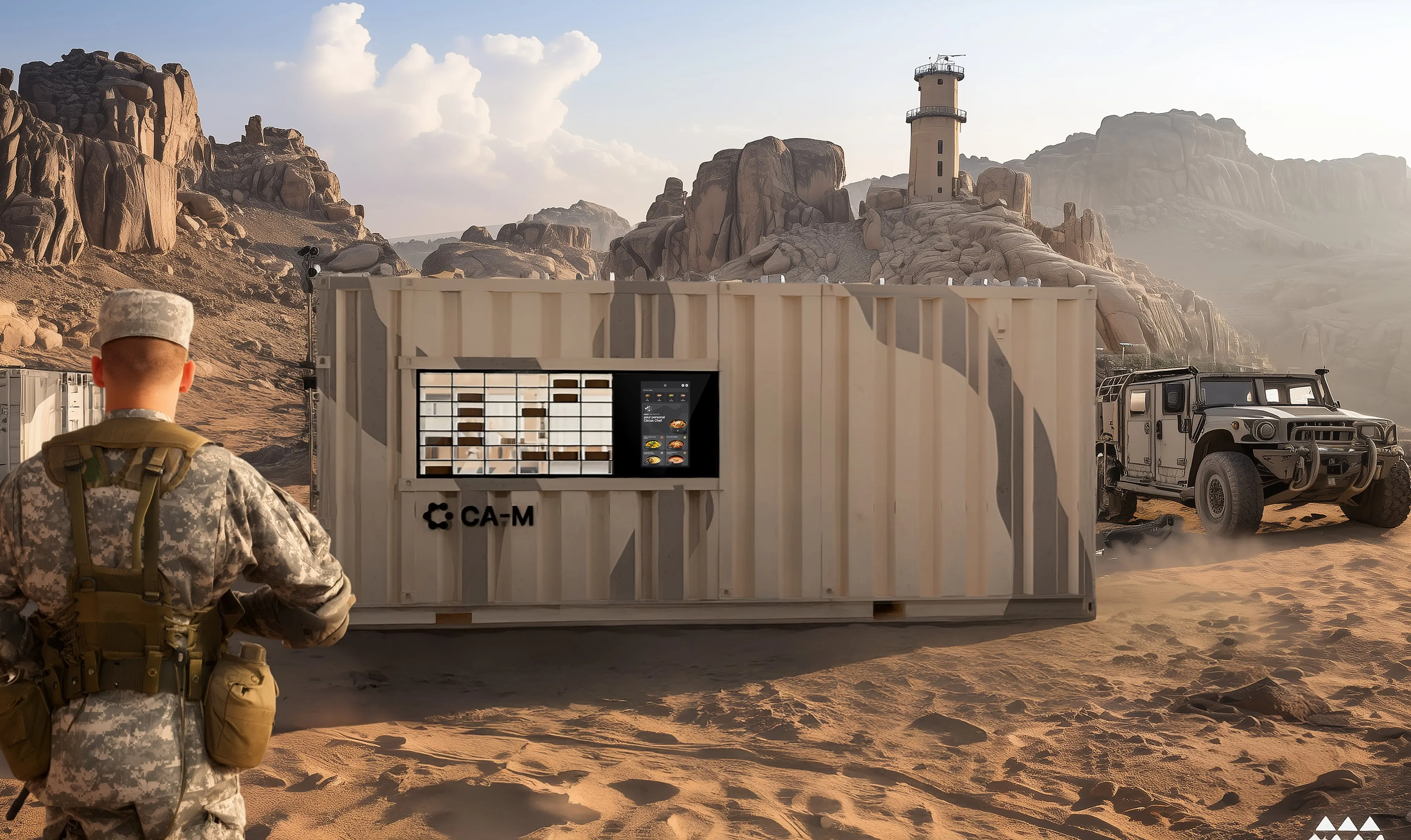 US Army deployment of the CA-M, a containerized robotic kitchen from Circus Group, designed for military field operations with autonomous meal preparation and efficient food service