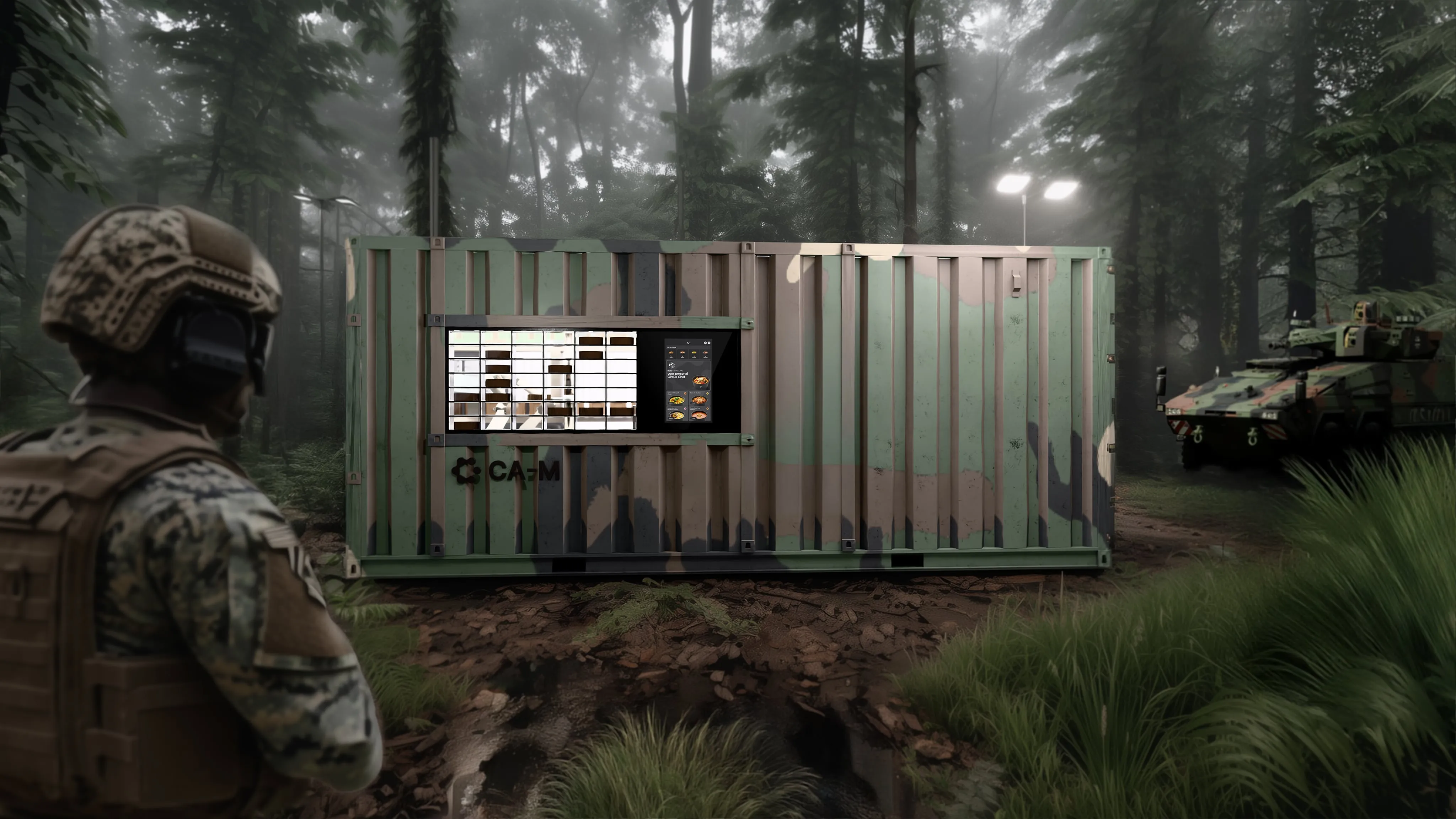 A camouflaged CA-M autonomous food production container in a forest environment, with a soldier in the foreground and an armored military vehicle in the background.