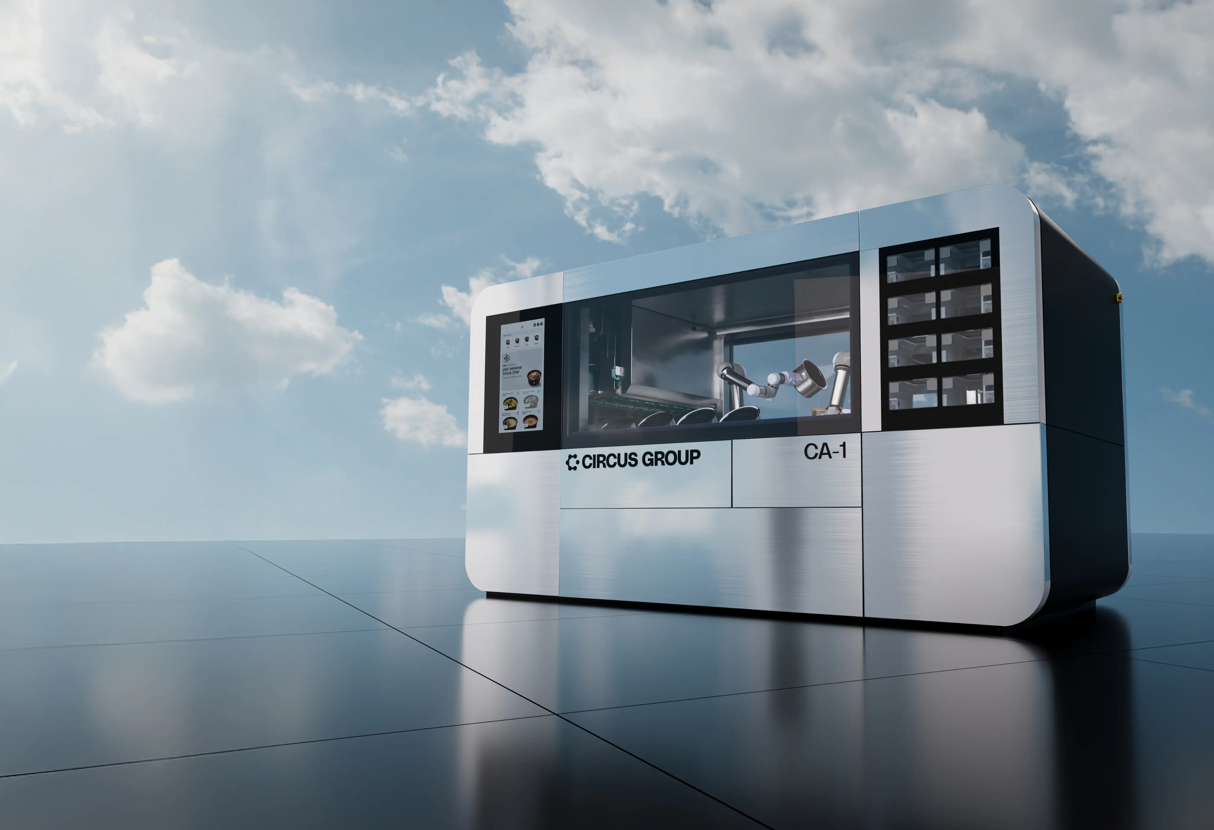 Modern stainless steel robotic kitchen machine labeled CA-1 from Circus Group with visible robotic arms and digital display.