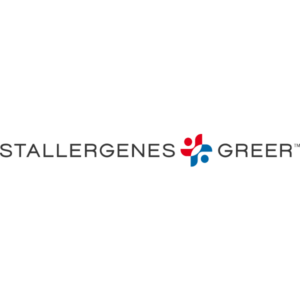 Stallergenes Greer company logo with stylized red and blue figures between the words.