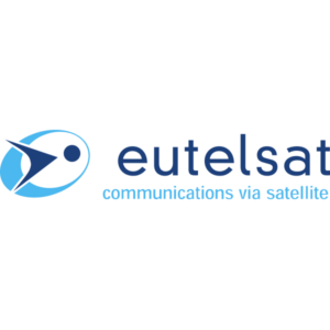 Eutelsat logo with a stylized blue satellite and the text 'eutelsat communications via satellite'.