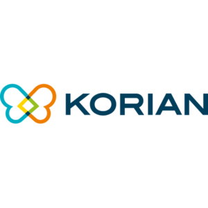 Korian logo featuring an abstract butterfly symbol with interlocking shapes in aqua, orange, and yellow, next to the company name in dark blue.