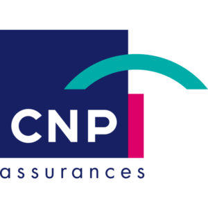 CNP Assurances logo with stylized teal arc and pink vertical bar.