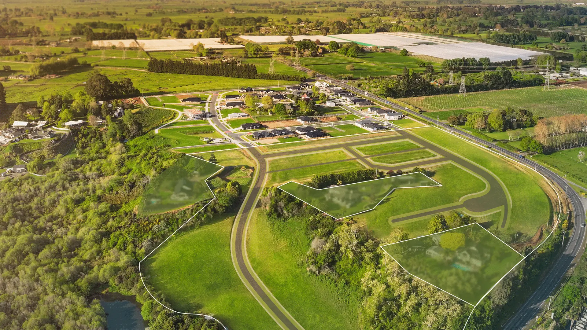 Drone shot of Te Awa Rise Cambridge