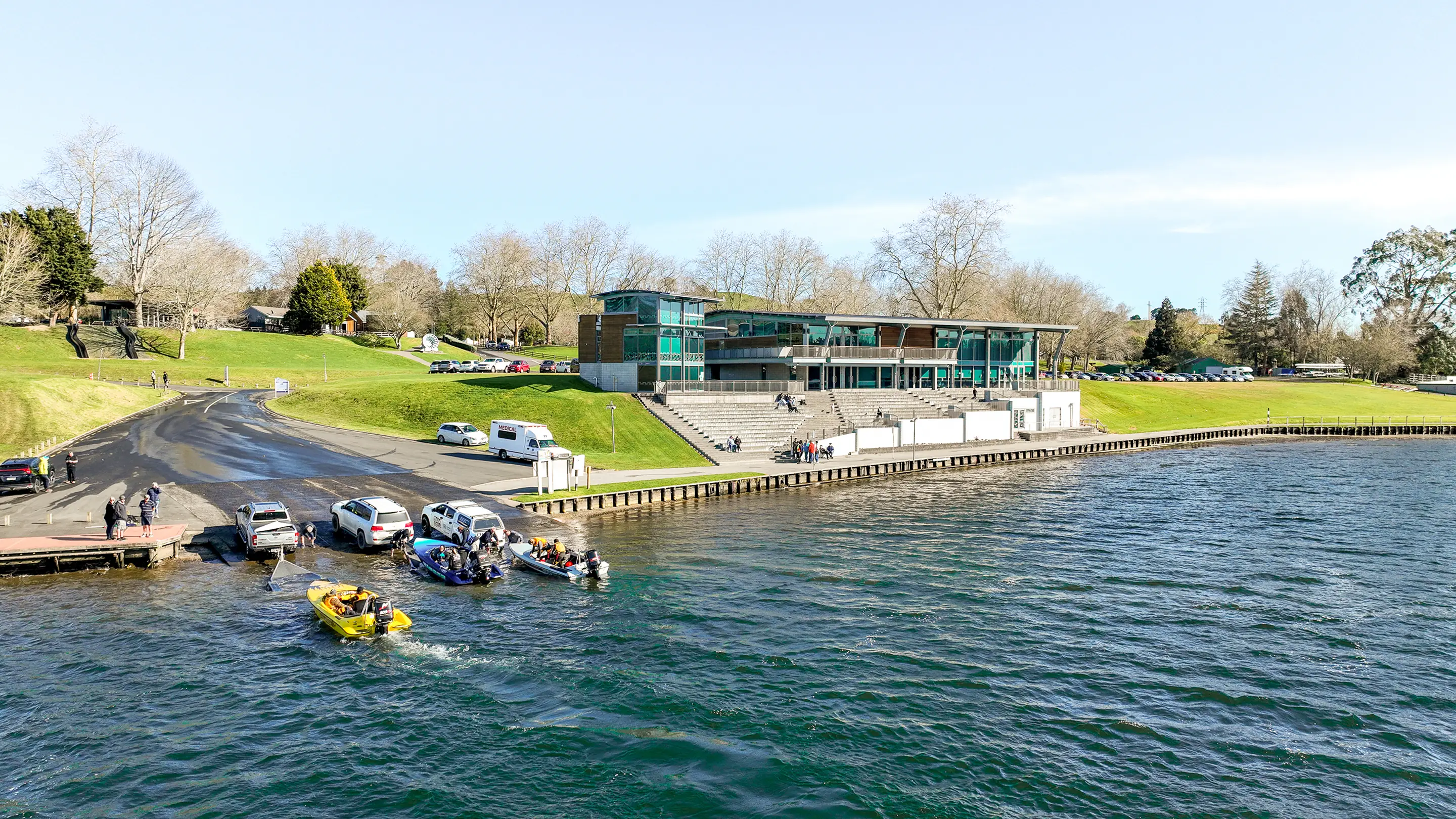 People launching their boats at Lake Karapiro