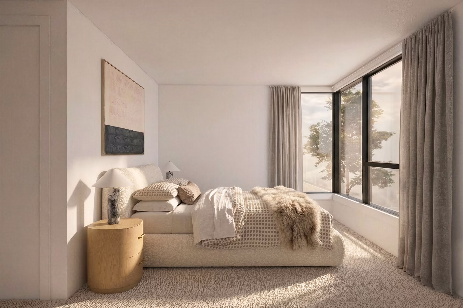 Minimalist bedroom with a beige upholstered bed, patterned bedding, a wooden nightstand with a marble-based lamp, large corner windows with curtains, and soft natural light.