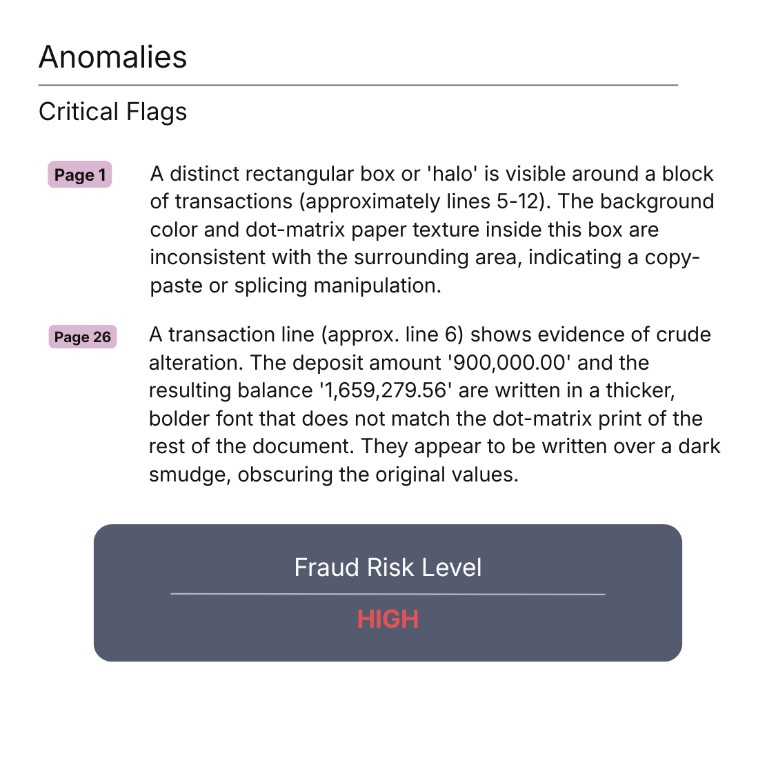 Report highlighting critical flags of anomalies including rectangular box around transactions indicating copy-paste manipulation and altered transaction line with inconsistent font and smudge, marking fraud risk level as HIGH.