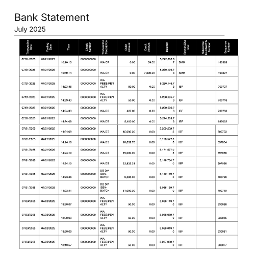 Bank statement dated July 2025 showing detailed transaction records with dates, times, amounts, and balance information in a tabular format.