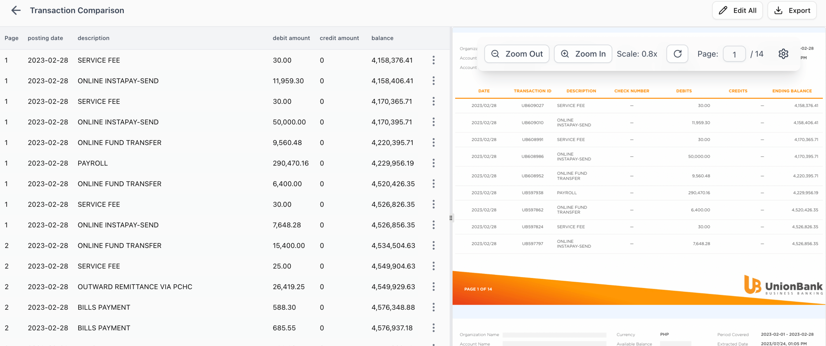 Extraction of bank statement with side-by-side comparison by Floowed