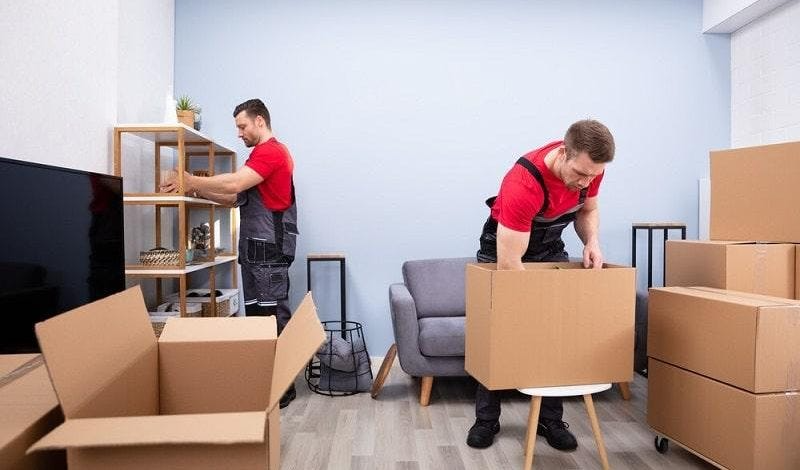 Two movers packing items into boxes.