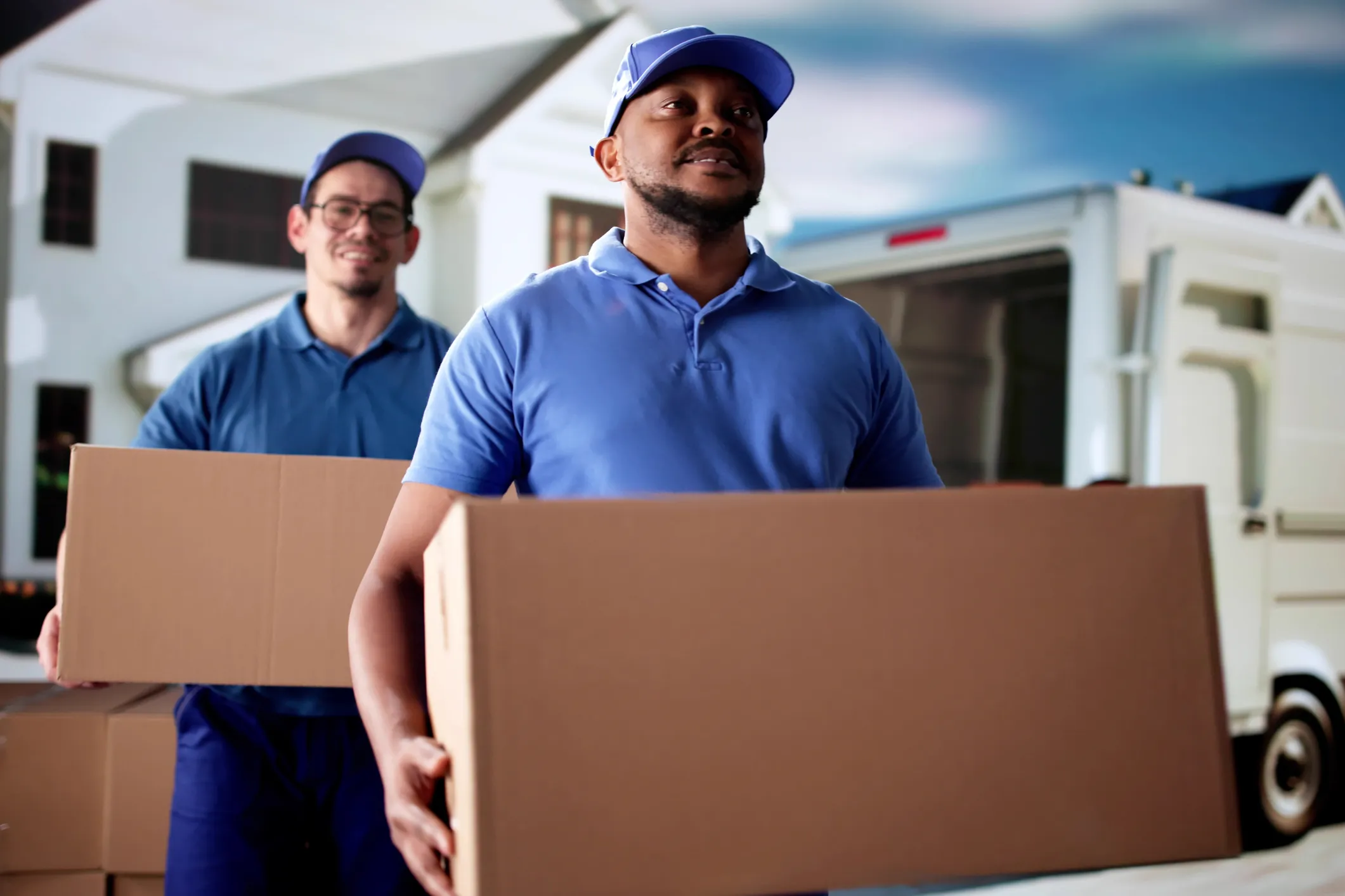Movers carrying large cardboard boxes from a truck to a home