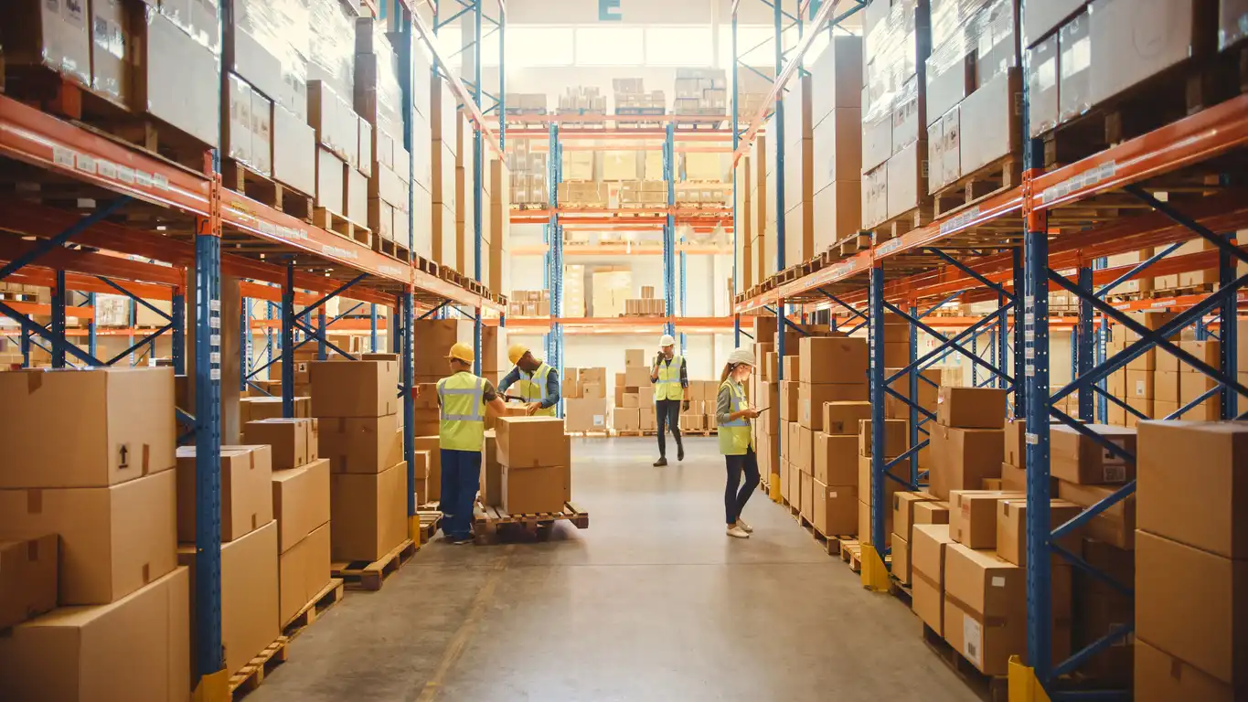 A wide view of workers in safety vests managing inventory in a large industrial warehouse.