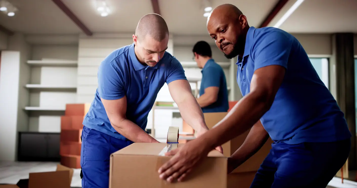 Two movers in blue uniforms work together to seal a large cardboard moving box with tape