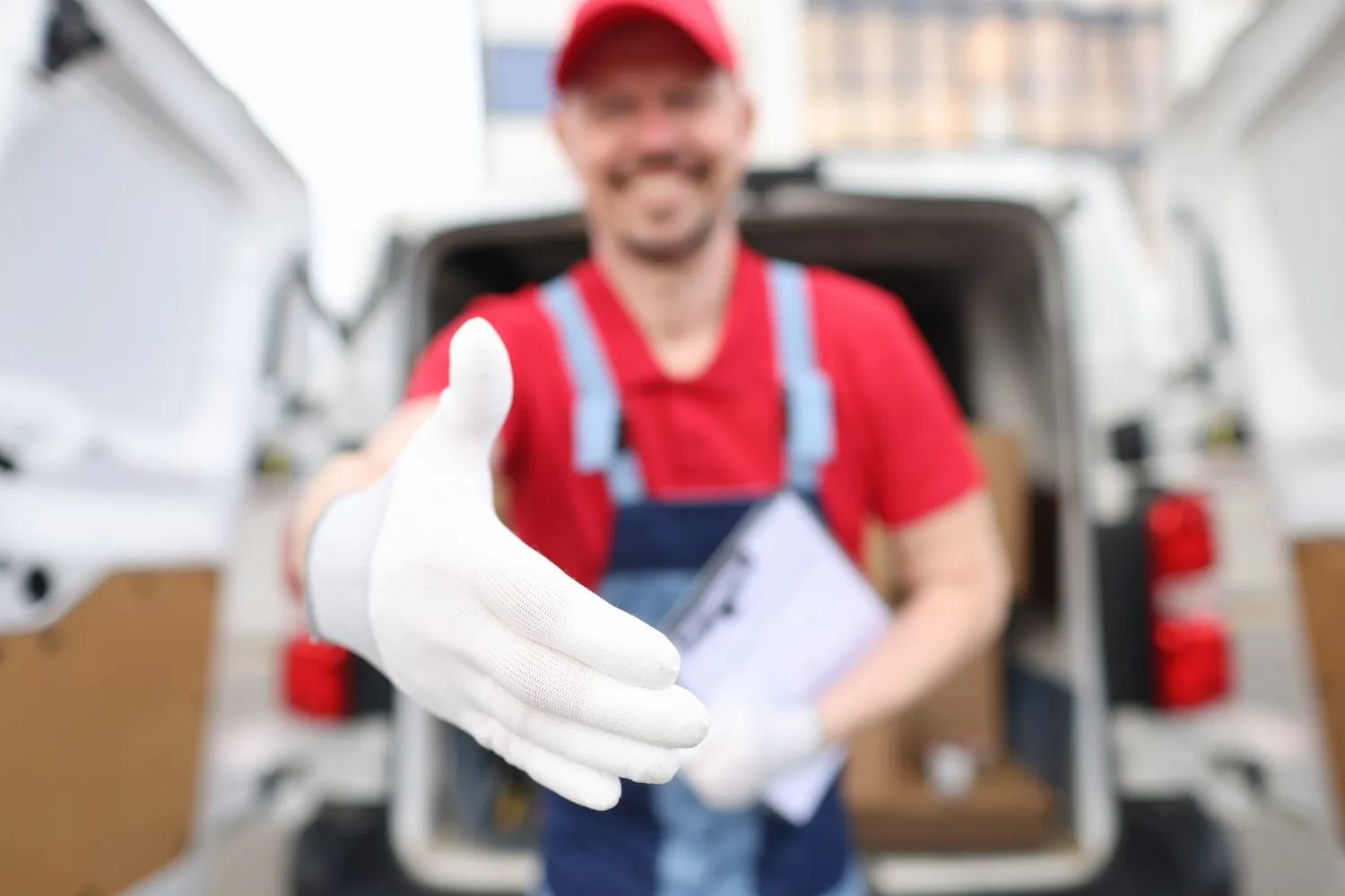 A professional delivery person wearing white gloves and a red uniform reaching out for a handshake in front of a loaded van, representing premium white glove delivery services.