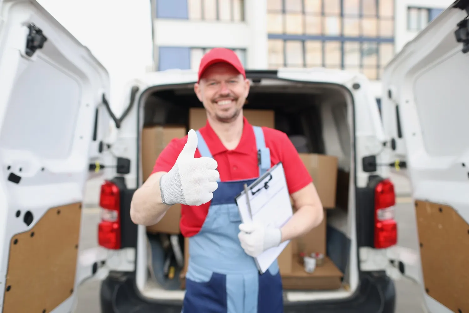 A professional delivery person wearing white gloves gives a thumbs-up in front of a van filled with boxes, highlighting premium white glove delivery services.