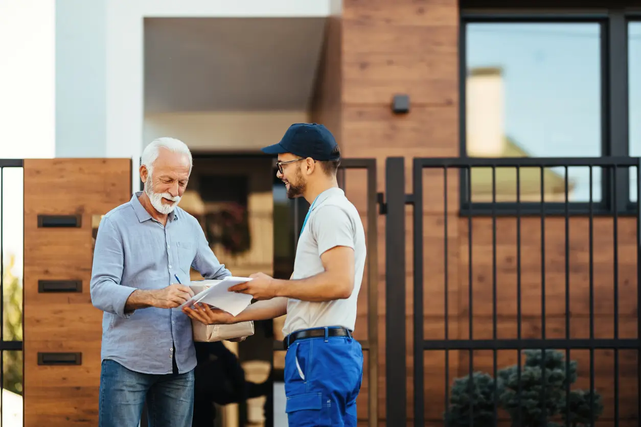 An older man smiles and signs a document held by a delivery person outside a house