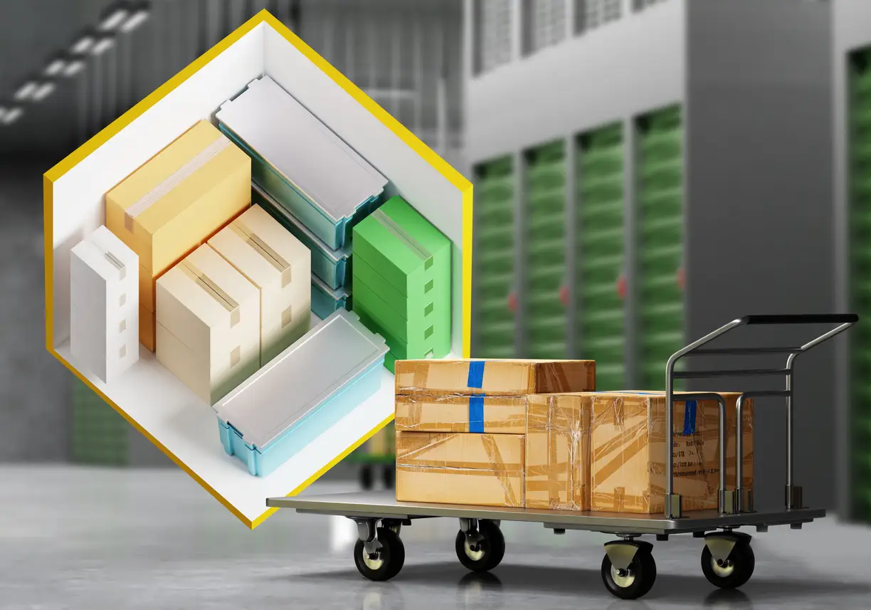 A graphic overlay shows a packed storage unit next to a real warehouse loading cart