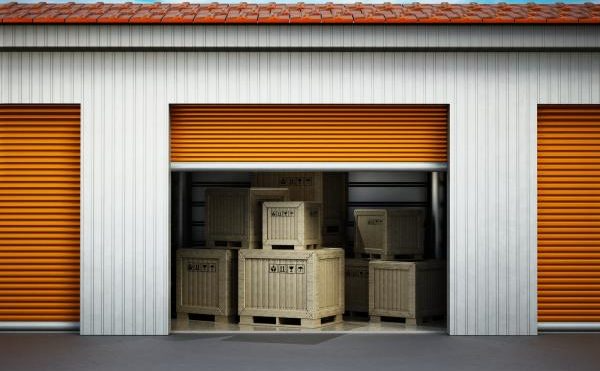 Outdoor storage units with wooden crates.