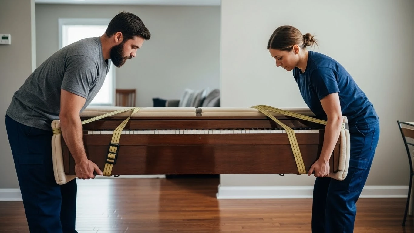 Two movers lifting a padded piano keyboard section using heavy-duty lifting straps in a home.