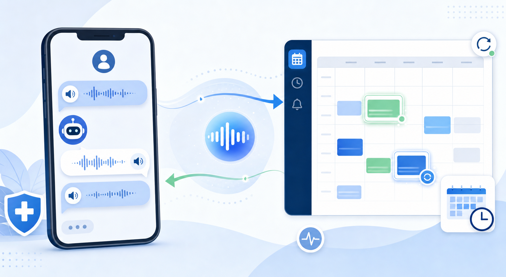 A clean, modern illustration showing a two-way conversation flow between a patient and an AI system. Depict a smartphone or device on one side with sound waves or speech bubbles flowing in both directions, connecting to a calendar or scheduling interface on the other side. The visual should emphasize bidirectional communication and real-time interaction. Use a professional healthcare color palette with blues, whites, and soft accents. The style should be minimalist and diagram-like, showing the concept of dynamic conversation rather than people's faces. Include visual elements suggesting appointment slots, time blocks, or calendar grids being updated in real-time during the conversation.