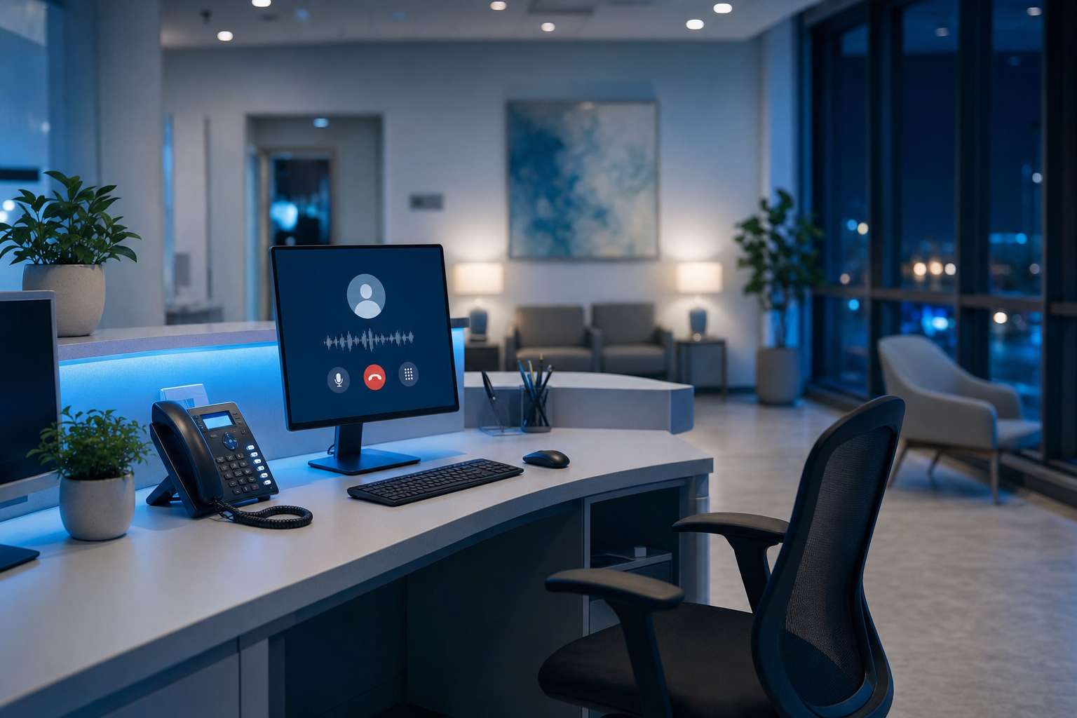 A modern medical office reception desk at night with an empty chair, showing a smartphone or computer screen displaying an active call interface with appointment scheduling details, soft blue ambient lighting, professional healthcare environment, photorealistic style