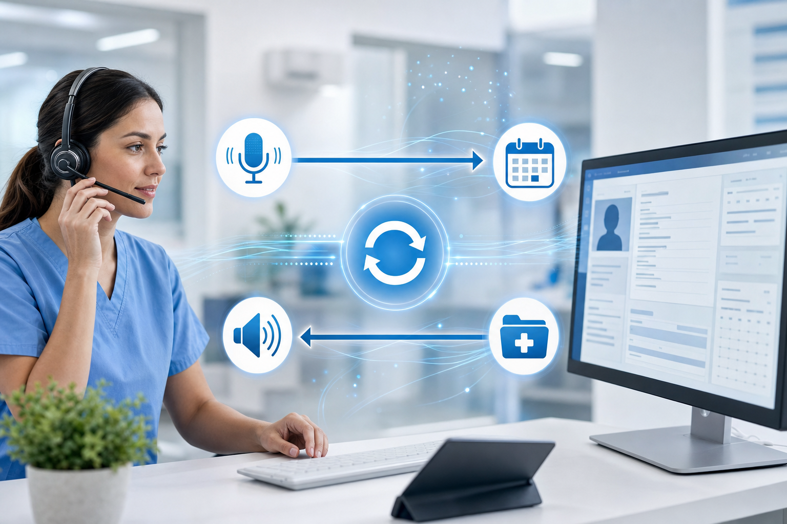 A clean, modern technical diagram showing bidirectional data flow between a voice interface and an electronic health record system, with appointment scheduling data flowing in both directions, medical office setting, professional healthcare technology visualization, blue and white color scheme, photorealistic style with subtle tech elements