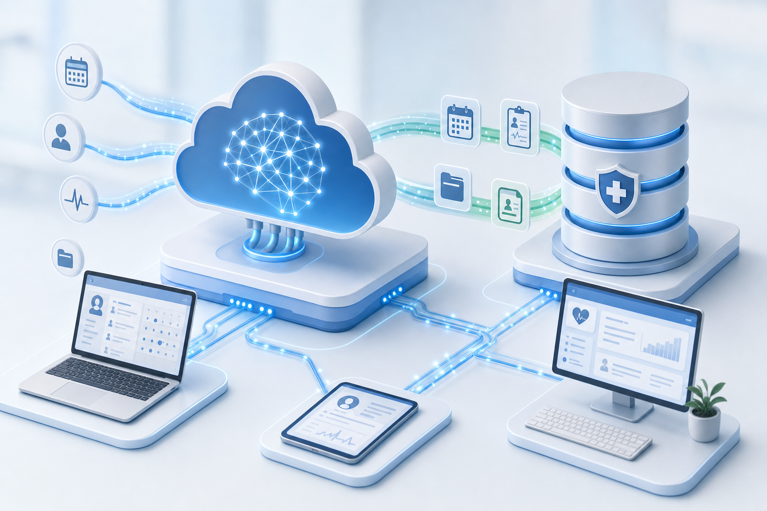 Modern healthcare technology integration visualization showing bidirectional data flow between cloud-based AI system and electronic health record database, clean network architecture diagram style with connected nodes and flowing data streams, medical data symbols like appointment calendars and patient records moving between systems, professional blue and white color scheme, isometric perspective, minimal and clean tech illustration style