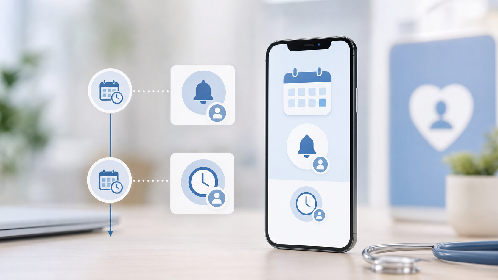 A clean, modern illustration showing a smartphone displaying appointment reminder notifications at different time intervals. The scene shows a simple timeline visualization with reminder icons at 72 hours and 24 hours before an appointment. Minimalist healthcare aesthetic with soft blue and white color palette, calendar icons, and notification symbols. Professional medical tech illustration style, organized and calm atmosphere.