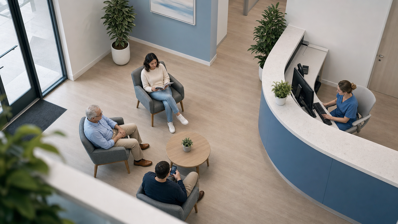 A clean, modern illustration showing a medical office waiting room from an overhead view. Three patients are seated in comfortable chairs in a small cluster near a reception desk, representing wave scheduling. The scene has a calm, organized atmosphere with soft lighting, minimalist healthcare interior design, and a subtle sense of efficient patient flow. Professional medical office aesthetic with muted blue and white tones.