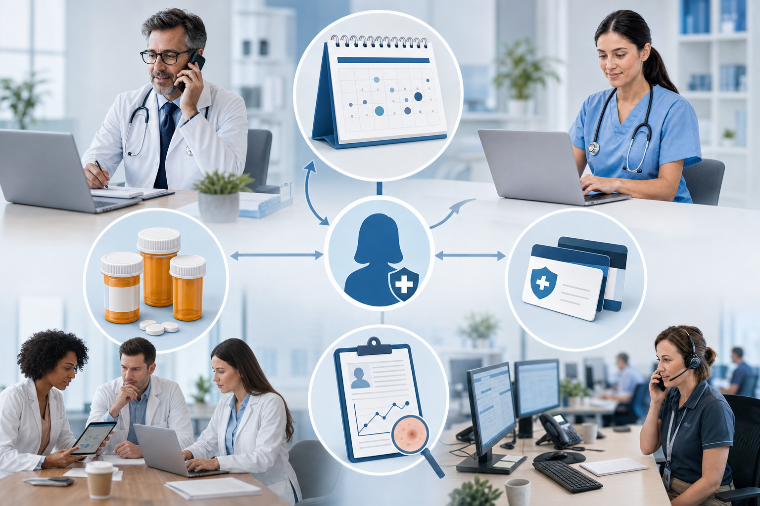 Modern healthcare office setting showing multiple communication pathways and workflows: appointment scheduling calendar, prescription bottles representing refills, insurance cards for benefits verification, and medical follow-up charts. Clean, professional illustration style with soft blues and whites, depicting organized patient care workflows in a dermatology practice environment. No text or letters.