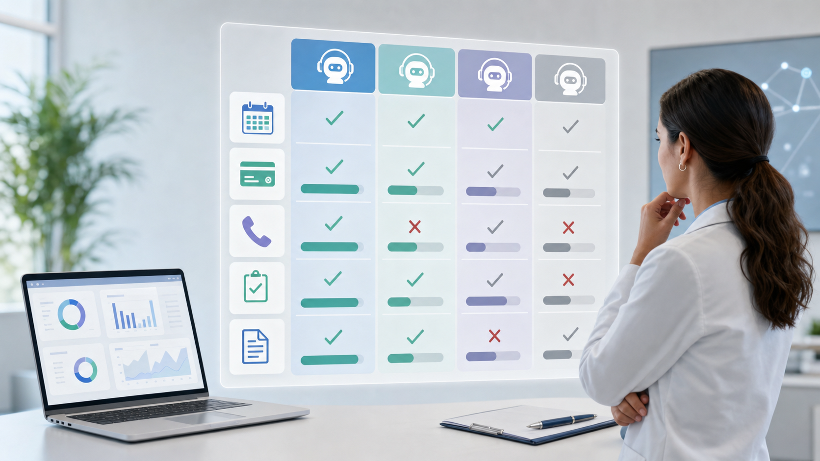 A clean, professional illustration showing multiple AI voice agent solutions being compared side-by-side. Show abstract comparison charts, checkmarks and X marks in a grid pattern, and visual indicators of feature coverage levels. Include stylized icons representing different healthcare administrative tasks like scheduling calendars, insurance cards, and phone systems. Use a modern, minimalist style with a professional color palette of blues, greens, and grays. The composition should convey evaluation and decision-making in a healthcare technology context.