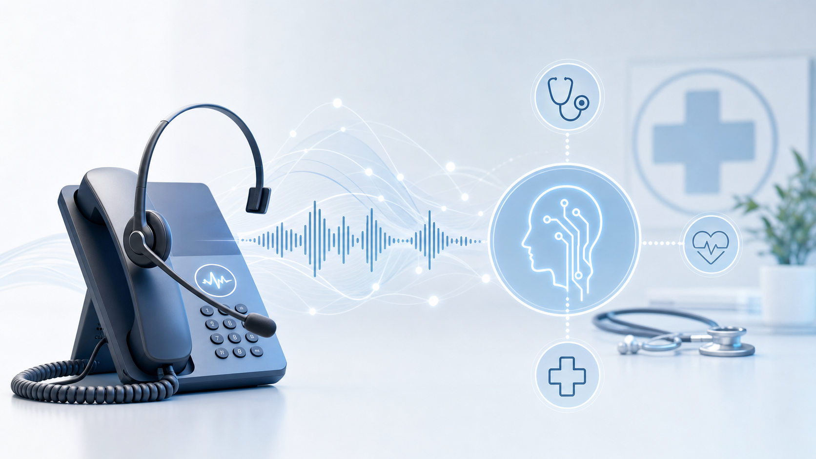 A clean, modern illustration of an AI voice system handling patient phone calls in a medical office setting. Show a stylized phone or headset connected to abstract waveforms and digital interface elements, with subtle medical/healthcare visual elements like a stethoscope icon or medical cross in the background. Use a professional color palette with blues and whites. The style should be minimalist and diagram-like, conveying technology integration in healthcare without any text or labels.