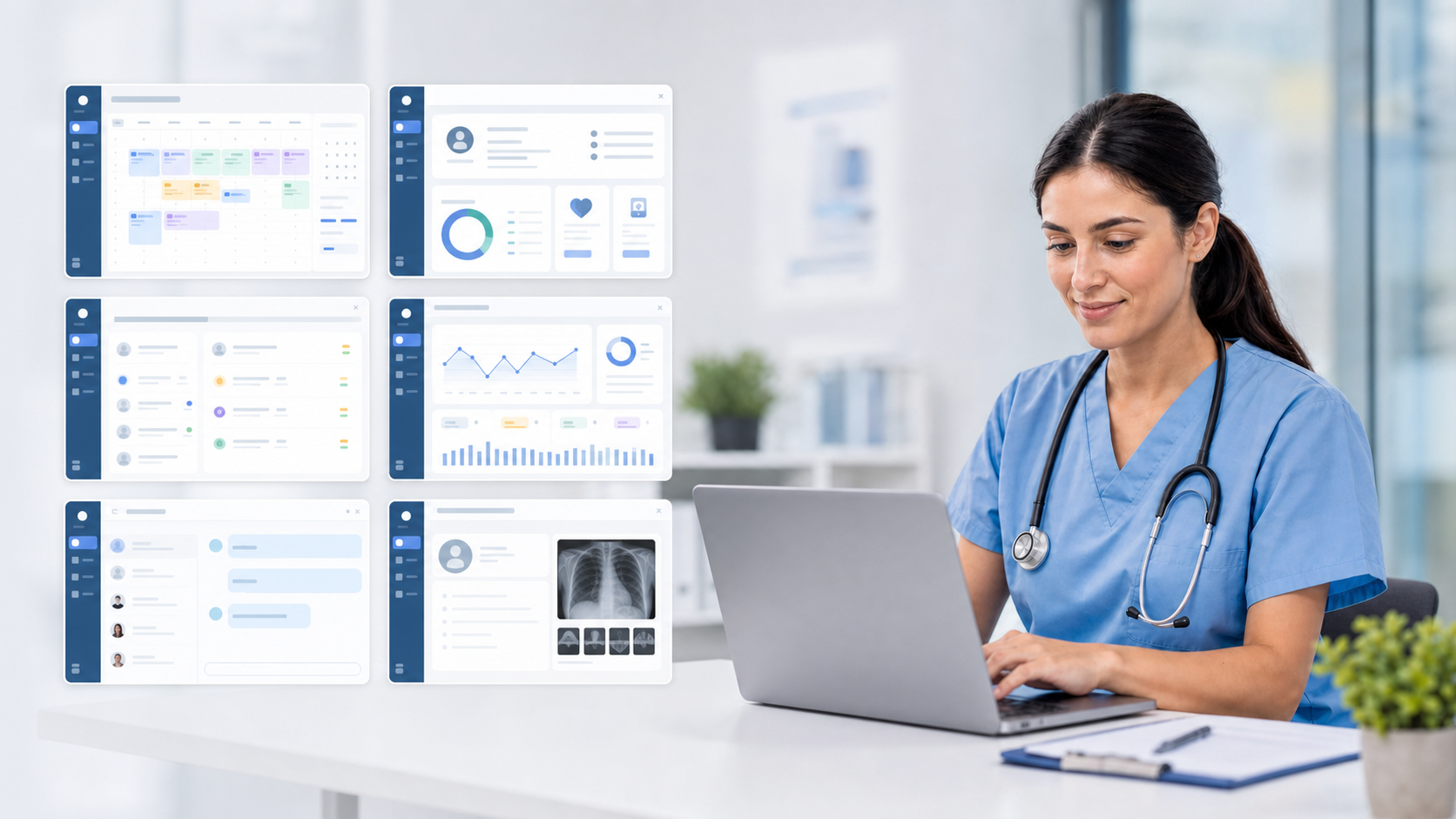 Professional healthcare technology comparison concept showing multiple software interface elements side by side, clean modern design with medical office aesthetic, digital dashboard screens displaying different features and capabilities, organized grid layout suggesting feature comparison, healthcare blue and white color scheme, no text or words visible